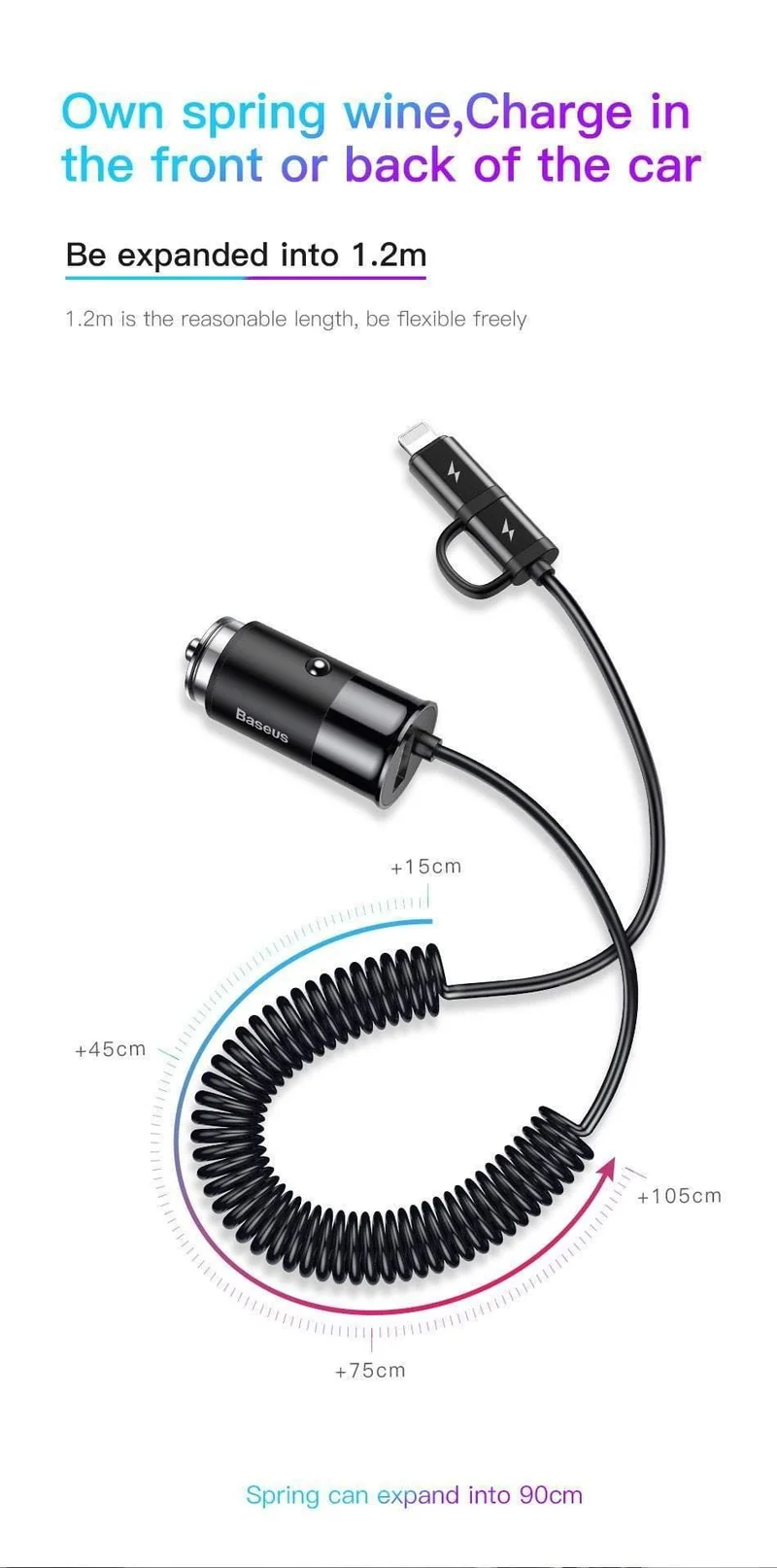 Baseus 2-in-1-Autoladegerät für Mobiltelefone, Reiseadapter und USB-Typ-C-Federladekabel für iPhone, Samsung, Autotelefonladegerät