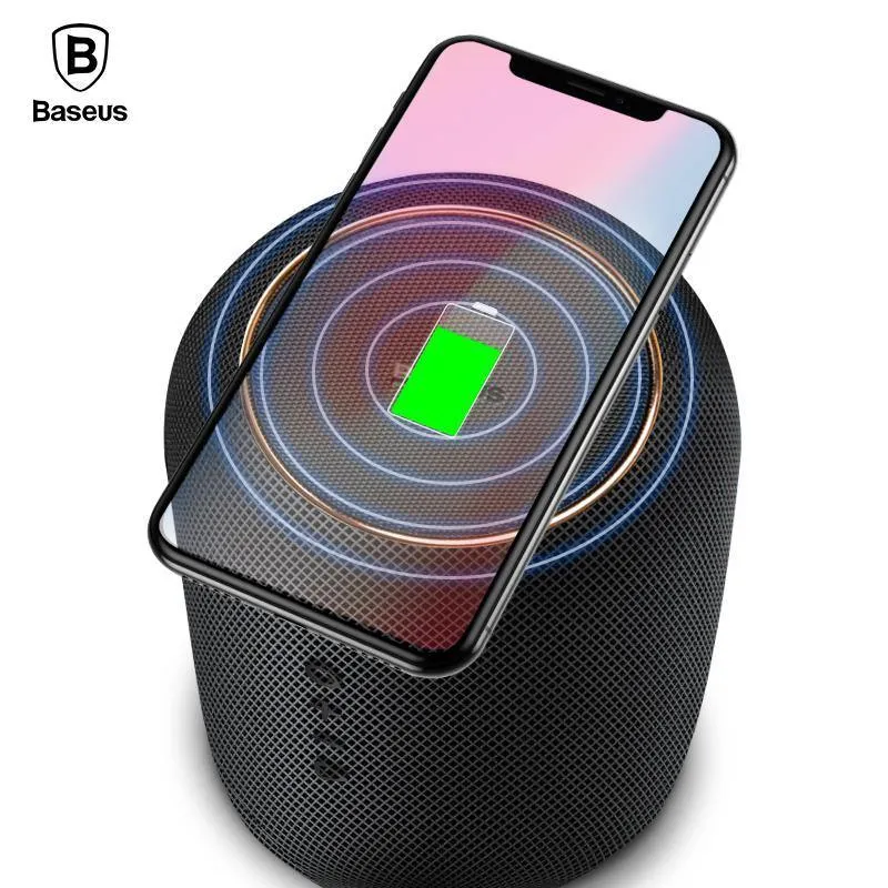 Baseus Tragbarer Bluetooth-Lautsprecher mit kabellosem Qi-Ladegerät, schnelles kabelloses Telefonladegerät, Lautsprecher für iPhone X, Samsung Xiaomi
