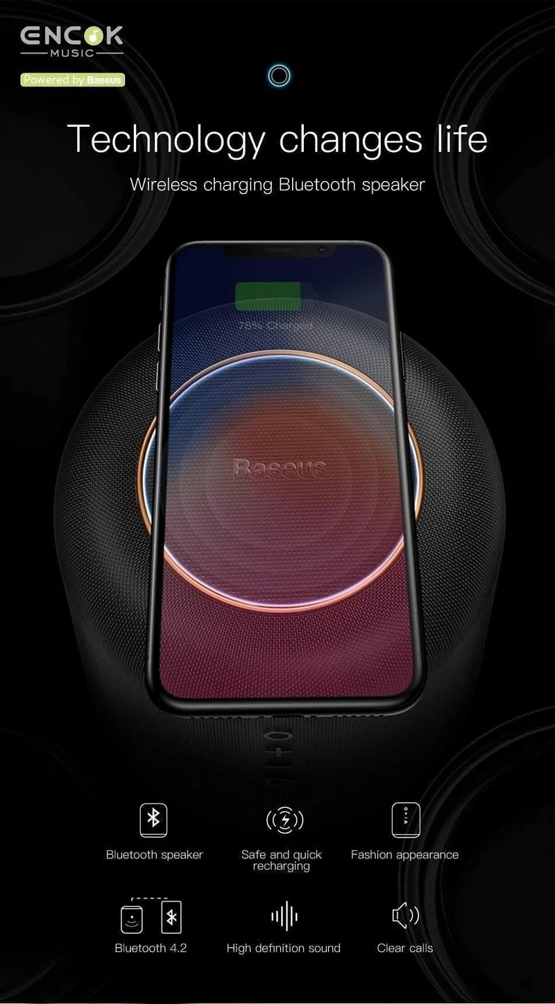 Baseus Tragbarer Bluetooth-Lautsprecher mit kabellosem Qi-Ladegerät, schnelles kabelloses Telefonladegerät, Lautsprecher für iPhone X, Samsung Xiaomi