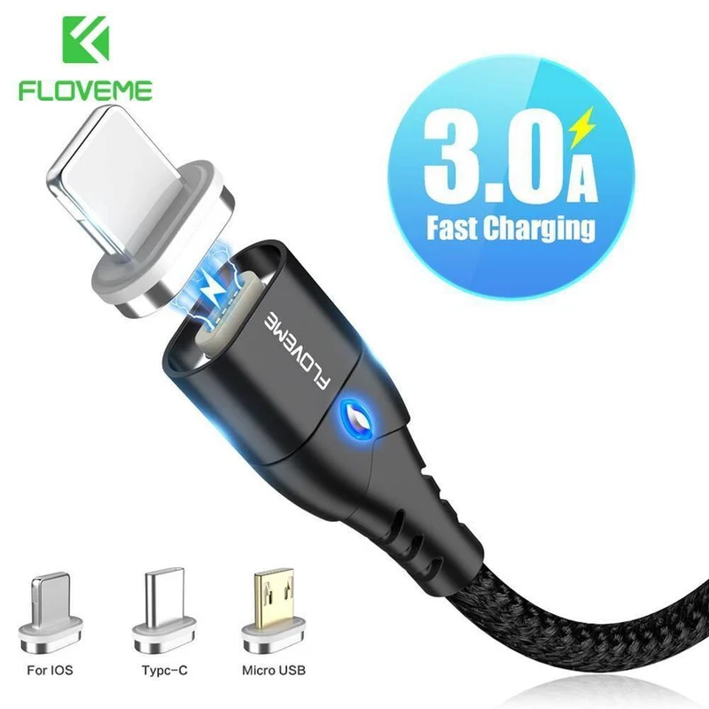 FLOVEME Magnetkabel Micro USB Typ C für iPhone Lightning-Kabel 1M 3A Schnellladekabel USB-C Typ-C Magnet-Ladekabel für Telefon