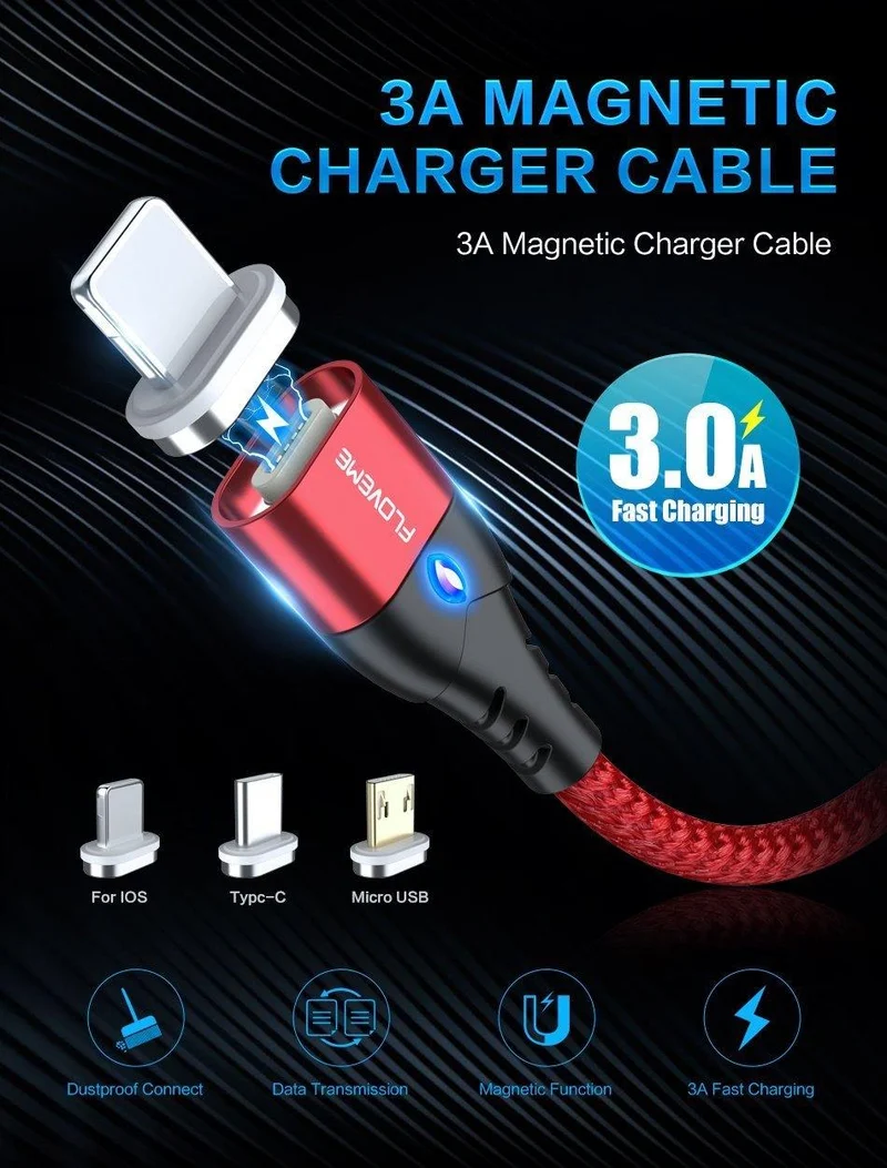 FLOVEME Magnetkabel Micro USB Typ C für iPhone Lightning-Kabel 1M 3A Schnellladekabel USB-C Typ-C Magnet-Ladekabel für Telefon