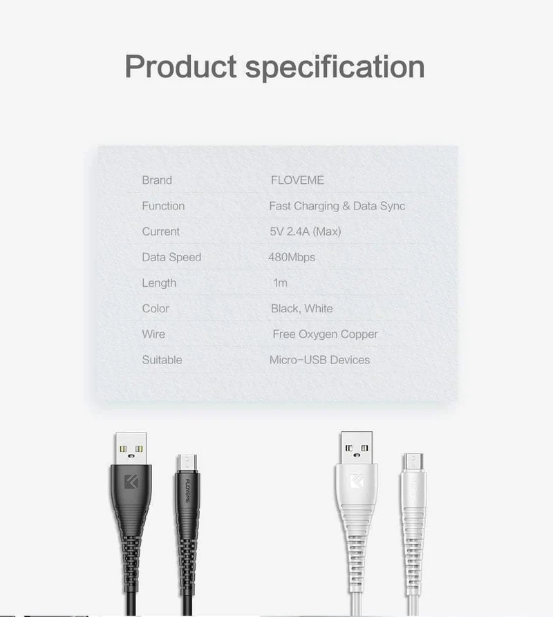 FLOVEME Micro-USB-Kabel 5 V 2.4 A Ladedaten-Schnellladekabel für Samsung Xiaomi Telefonladegerät Kabel Micro-USB-Kabel Flachdraht