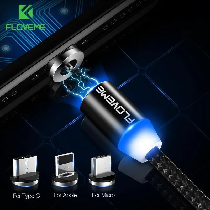FLOVEME LED Magnetkabel Für Lightning Micro USB Typ C Telefonkabel Für iPhone X Xr Xs Max 1m 2m 2A Schnelllademagnet Ladegerät