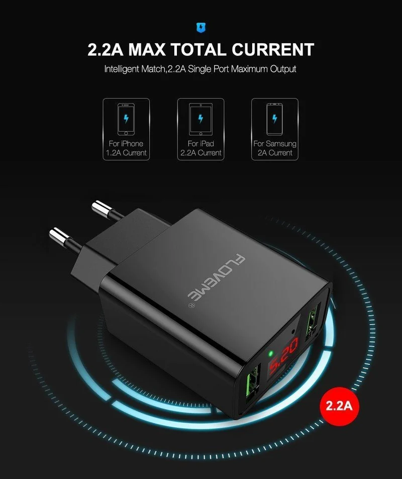 FLOVEME USB Ladegerät 2 Ports Led-anzeige Smart Handy Ladegerät Für iPhone Samsung Xiaomi Tablet Wand Reise Adapter EU stecker