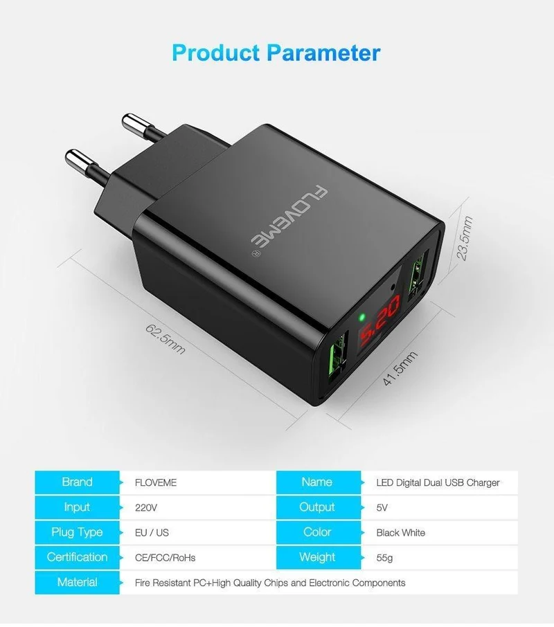 FLOVEME USB Ladegerät 2 Ports Led-anzeige Smart Handy Ladegerät Für iPhone Samsung Xiaomi Tablet Wand Reise Adapter EU stecker