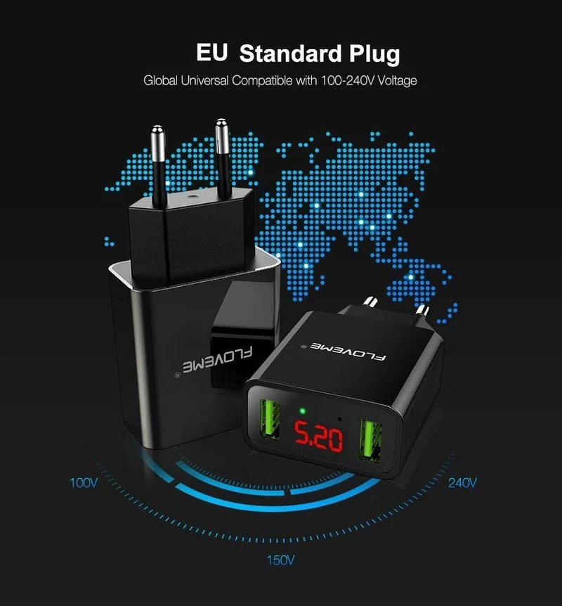 FLOVEME USB Ladegerät 2 Ports Led-anzeige Smart Handy Ladegerät Für iPhone Samsung Xiaomi Tablet Wand Reise Adapter EU stecker