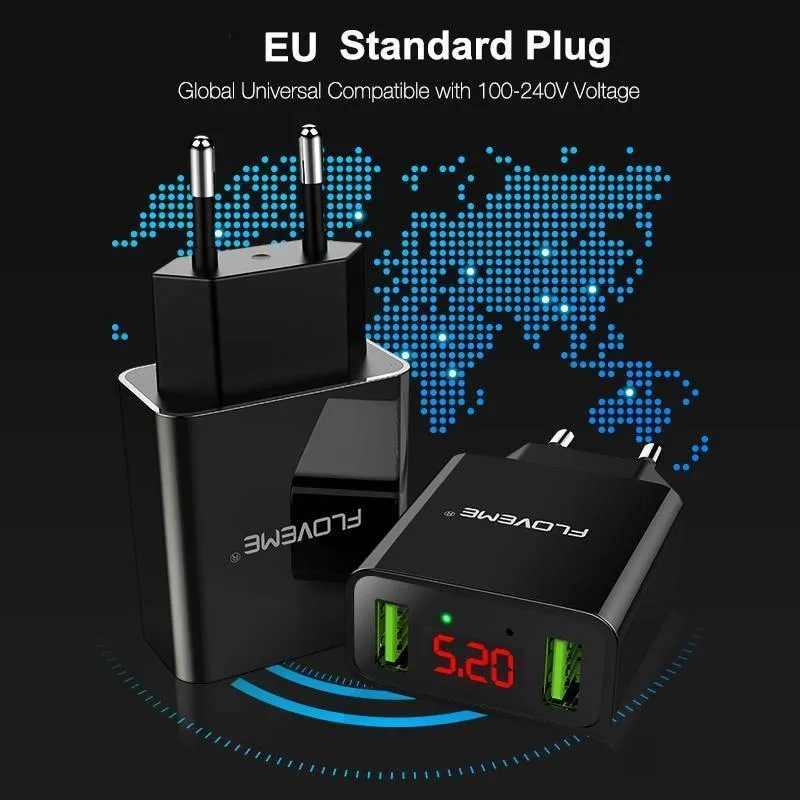 FLOVEME USB Ladegerät 2 Ports Led-anzeige Smart Handy Ladegerät Für iPhone Samsung Xiaomi Tablet Wand Reise Adapter EU stecker