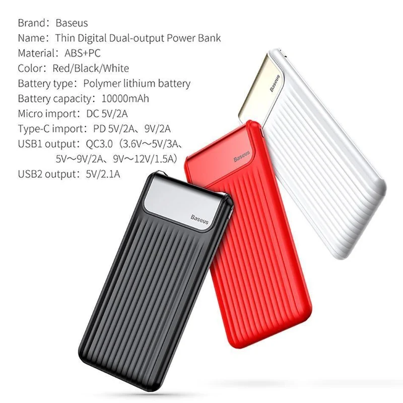 Baseus Quick Charge 3.0 10000 mAh Power Bank LCD 10000 mAh Powerbank Externes Ladegerät für Mobiltelefon Pover Poverbank