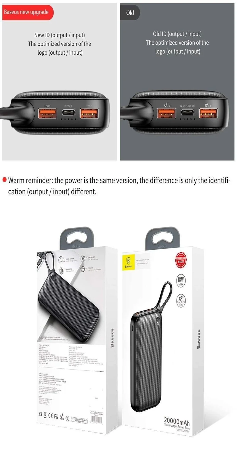 Baseus 20000mAh Schnellladung 3.0 Power Bank 20000 mAh Typ C PD Pover Poverbank Schnellladung Externes Batterieladegerät Powerbank
