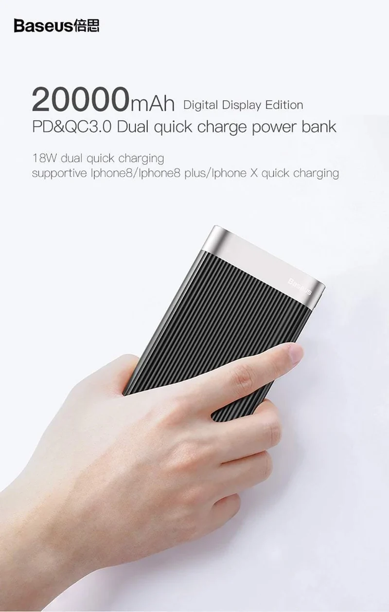 Baseus 20000 mAh Quick Charge 3.0 Power Bank LED-Display Dual USB Typ C PD Schnellladung Externer Akku Ladegerät Powerbank