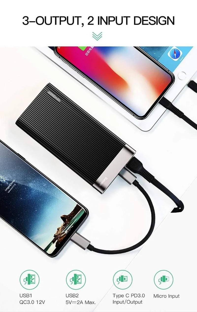 Baseus 20000 mAh Quick Charge 3.0 Power Bank LED-Display Dual USB Typ C PD Schnellladung Externer Akku Ladegerät Powerbank
