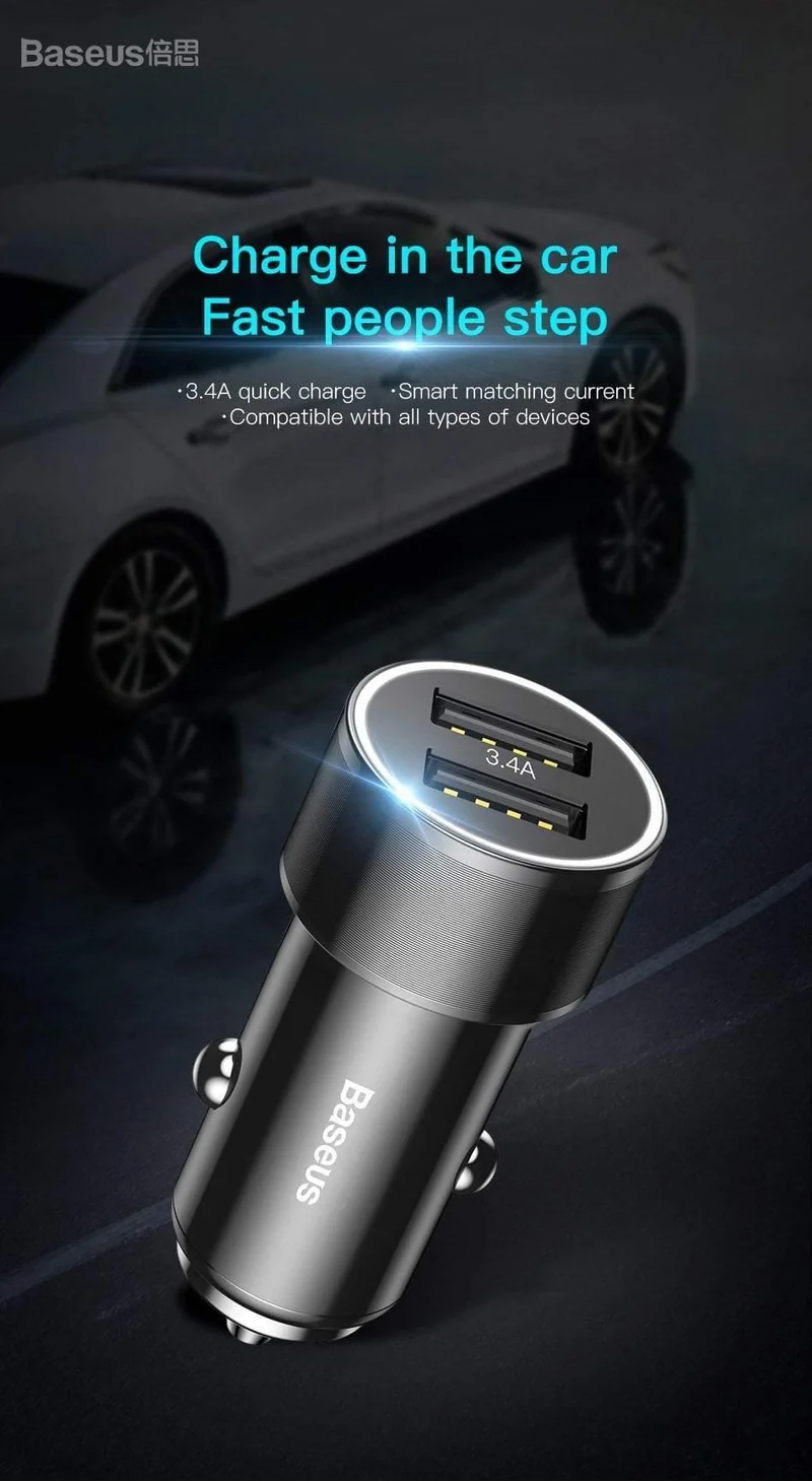 Baseus 3.4A Autoladegerät für iPhone Samsung Xiaomi Dual USB Handyladegerät für Auto Tablet Reiseadapter Autotelefonladegerät