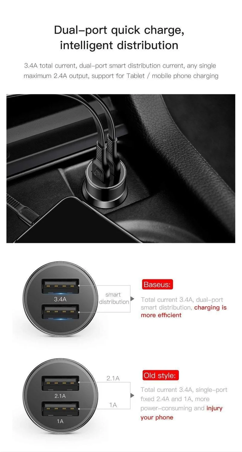 Baseus 3.4A Autoladegerät für iPhone Samsung Xiaomi Dual USB Handyladegerät für Auto Tablet Reiseadapter Autotelefonladegerät