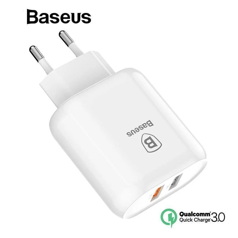 Baseus QC 3.0 Dual USB-Ladegerätadapter EU-Stecker Reisewand Schnellladegerät für iPhone Samsung Xiaomi Handyladegerät