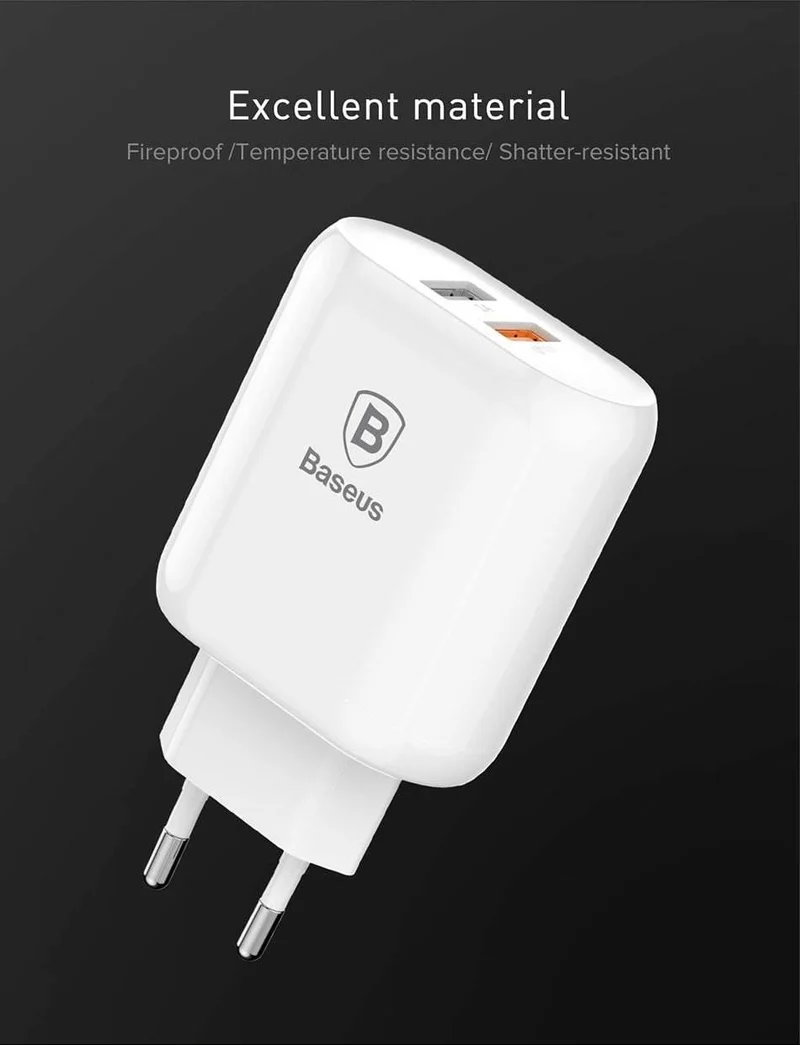 Baseus QC 3.0 Dual USB-Ladegerätadapter EU-Stecker Reisewand Schnellladegerät für iPhone Samsung Xiaomi Handyladegerät