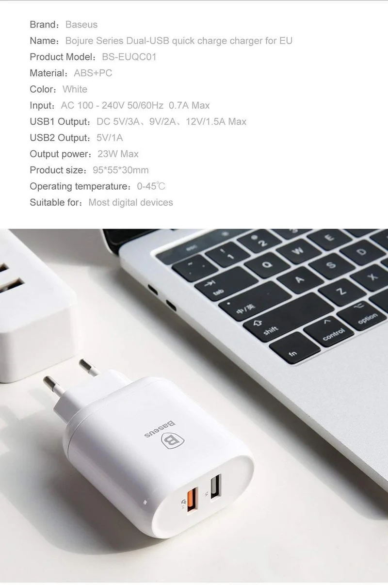 Baseus QC 3.0 Dual USB-Ladegerätadapter EU-Stecker Reisewand Schnellladegerät für iPhone Samsung Xiaomi Handyladegerät