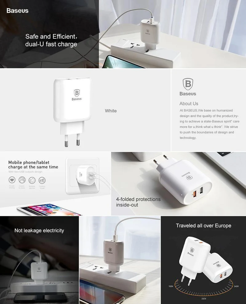 Baseus QC 3.0 Dual USB-Ladegerätadapter EU-Stecker Reisewand Schnellladegerät für iPhone Samsung Xiaomi Handyladegerät