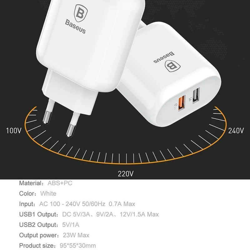 Baseus QC 3.0 Dual USB-Ladegerätadapter EU-Stecker Reisewand Schnellladegerät für iPhone Samsung Xiaomi Handyladegerät