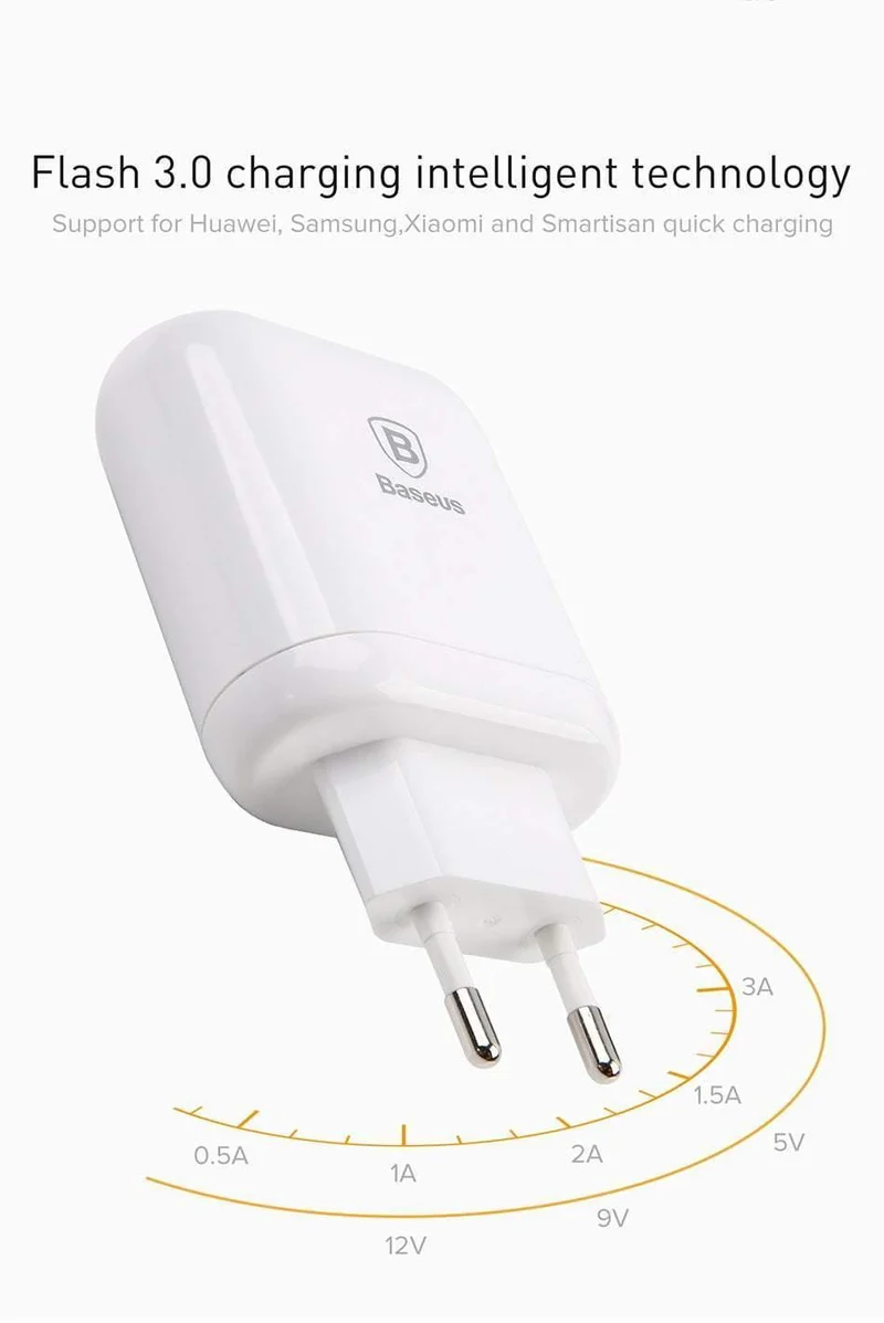 Baseus QC 3.0 Dual USB-Ladegerätadapter EU-Stecker Reisewand Schnellladegerät für iPhone Samsung Xiaomi Handyladegerät