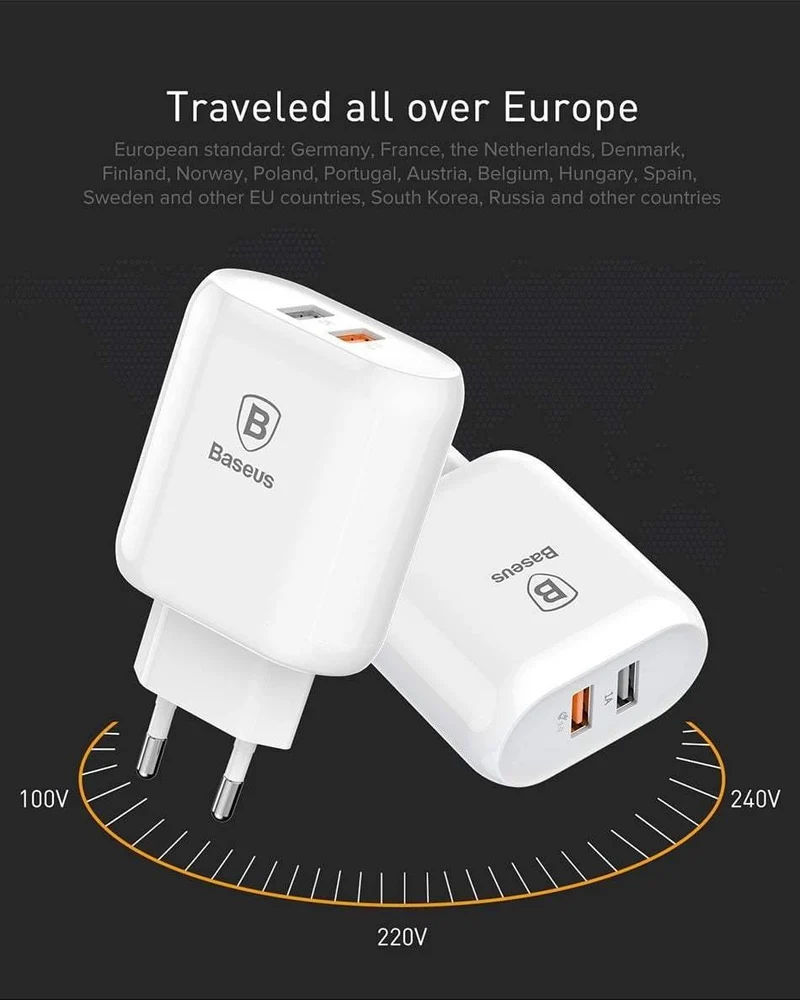 Baseus QC 3.0 Dual USB-Ladegerätadapter EU-Stecker Reisewand Schnellladegerät für iPhone Samsung Xiaomi Handyladegerät