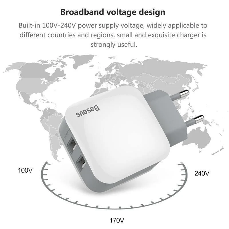 Baseus 2 USB EU-Ladestecker für Samsung Huawei Xiaomi Dual USB-Anschluss Reiseladegerät Handy USB-Ladeadapter 5V2.4A