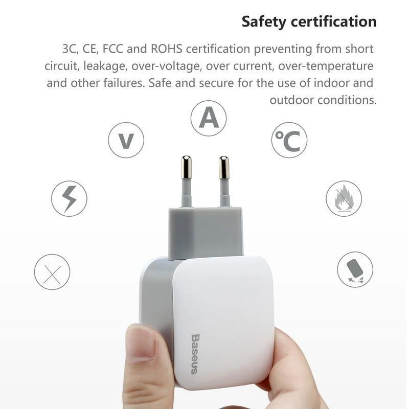 Baseus 2 USB EU-Ladestecker für Samsung Huawei Xiaomi Dual USB-Anschluss Reiseladegerät Handy USB-Ladeadapter 5V2.4A