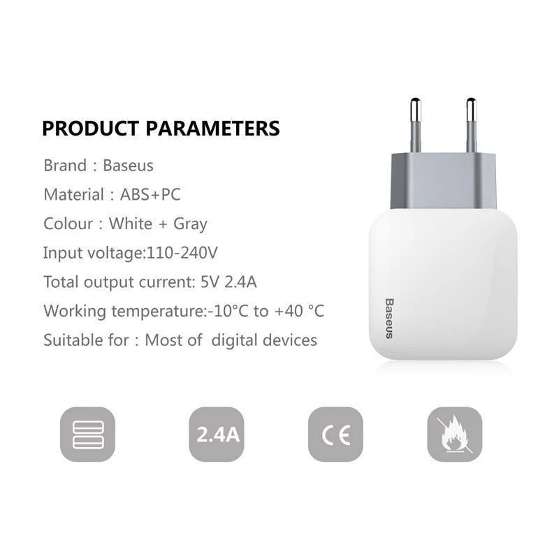 Baseus 2 USB EU-Ladestecker für Samsung Huawei Xiaomi Dual USB-Anschluss Reiseladegerät Handy USB-Ladeadapter 5V2.4A