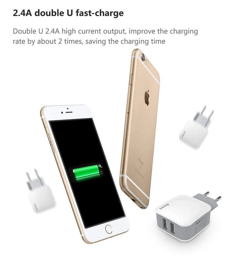Baseus 2 USB EU-Ladestecker für Samsung Huawei Xiaomi Dual USB-Anschluss Reiseladegerät Handy USB-Ladeadapter 5V2.4A