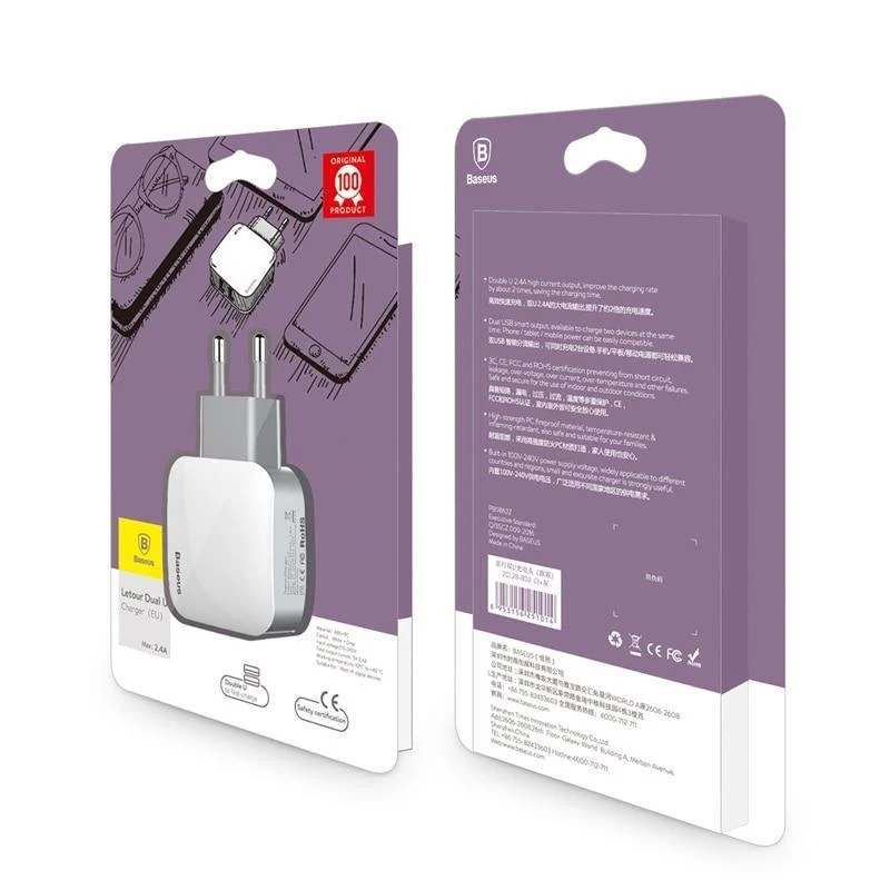 Baseus 2 USB EU-Ladestecker für Samsung Huawei Xiaomi Dual USB-Anschluss Reiseladegerät Handy USB-Ladeadapter 5V2.4A
