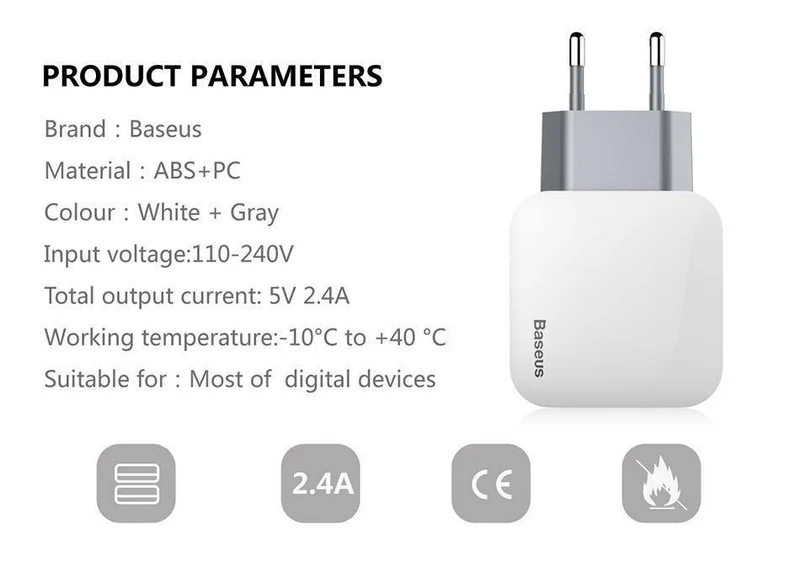 Baseus 2 USB EU-Ladestecker für Samsung Huawei Xiaomi Dual USB-Anschluss Reiseladegerät Handy USB-Ladeadapter 5V2.4A