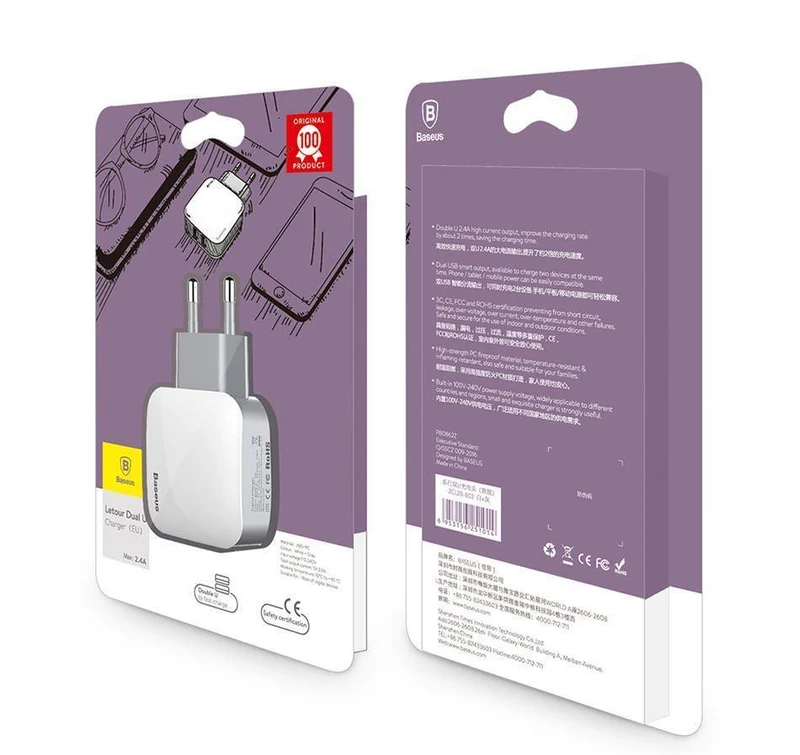 Baseus 2 USB EU-Ladestecker für Samsung Huawei Xiaomi Dual USB-Anschluss Reiseladegerät Handy USB-Ladeadapter 5V2.4A