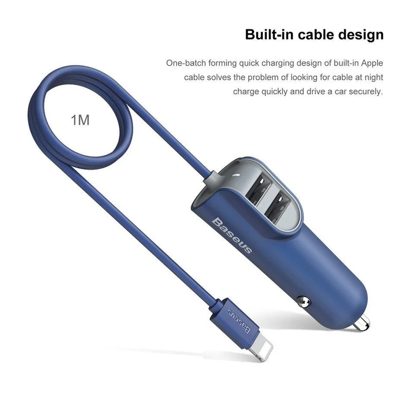 Baseus 3in1 5.5A USB Autoladegerät für iPhone X 8 Samsung Handyladegerät 3 Ports USB-Schnellautoladegerät & 1m Kabel für iPhone