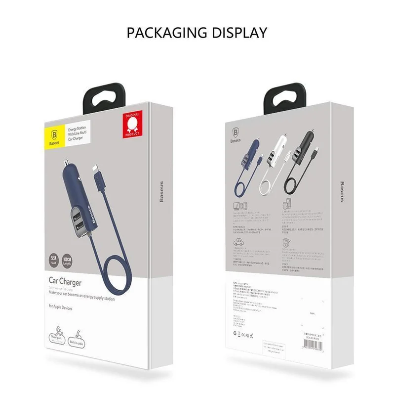 Baseus 3in1 5.5A USB Autoladegerät für iPhone X 8 Samsung Handyladegerät 3 Ports USB-Schnellautoladegerät & 1m Kabel für iPhone