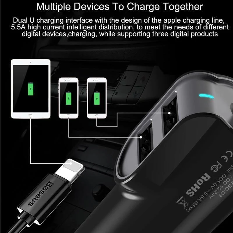 Baseus 3in1 5.5A USB Autoladegerät für iPhone X 8 Samsung Handyladegerät 3 Ports USB-Schnellautoladegerät & 1m Kabel für iPhone