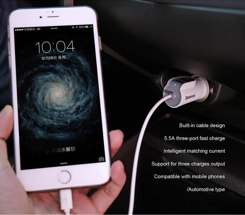 Baseus 3in1 5.5A USB Autoladegerät für iPhone X 8 Samsung Handyladegerät 3 Ports USB-Schnellautoladegerät & 1m Kabel für iPhone