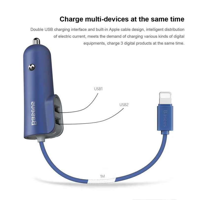 Baseus 3in1 5.5A USB Autoladegerät für iPhone X 8 Samsung Handyladegerät 3 Ports USB-Schnellautoladegerät & 1m Kabel für iPhone