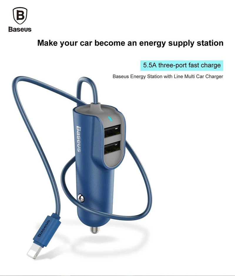 Baseus 3in1 5.5A USB Autoladegerät für iPhone X 8 Samsung Handyladegerät 3 Ports USB-Schnellautoladegerät & 1m Kabel für iPhone