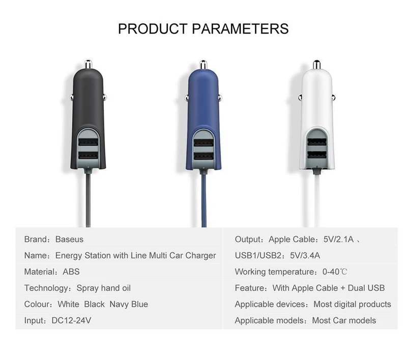 Baseus 3in1 5.5A USB Autoladegerät für iPhone X 8 Samsung Handyladegerät 3 Ports USB-Schnellautoladegerät & 1m Kabel für iPhone