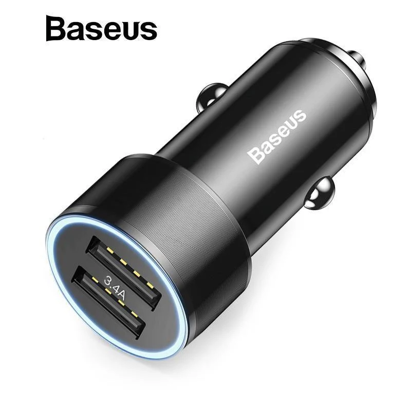 Baseus Metall-Autoladegerät-Adapter für Mobiltelefone, 3.4 A, Dual-USB-Autotelefonladegerät für iPhone, Samsung und Micro-USB/Typ-C-Kabel