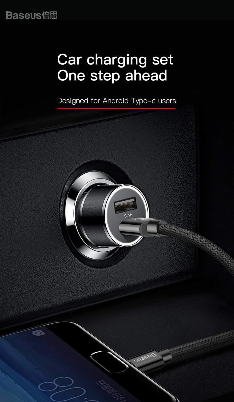 Baseus Metall-Autoladegerät-Adapter für Mobiltelefone, 3.4 A, Dual-USB-Autotelefonladegerät für iPhone, Samsung und Micro-USB/Typ-C-Kabel