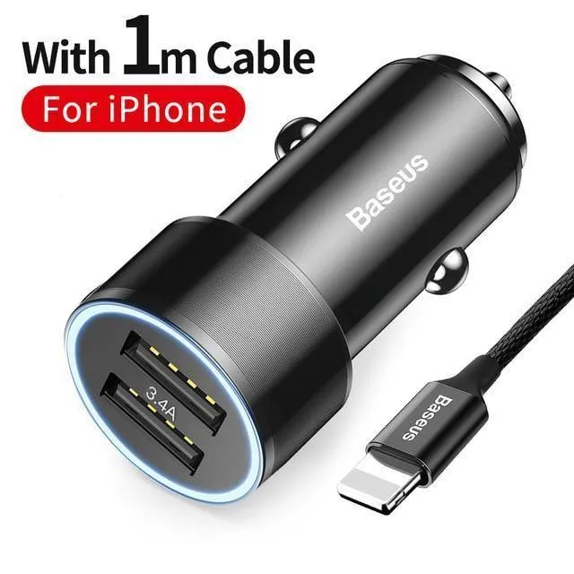 Baseus Metall-Autoladegerät-Adapter für Mobiltelefone, 3.4 A, Dual-USB-Autotelefonladegerät für iPhone, Samsung und Micro-USB/Typ-C-Kabel