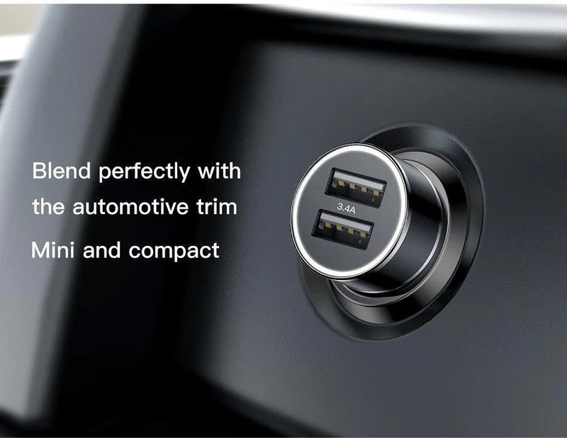 Baseus Metall-Autoladegerät-Adapter für Mobiltelefone, 3.4 A, Dual-USB-Autotelefonladegerät für iPhone, Samsung und Micro-USB/Typ-C-Kabel