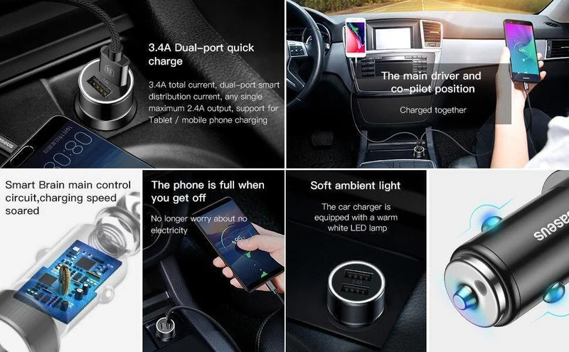 Baseus Metall-Autoladegerät-Adapter für Mobiltelefone, 3.4 A, Dual-USB-Autotelefonladegerät für iPhone, Samsung und Micro-USB/Typ-C-Kabel