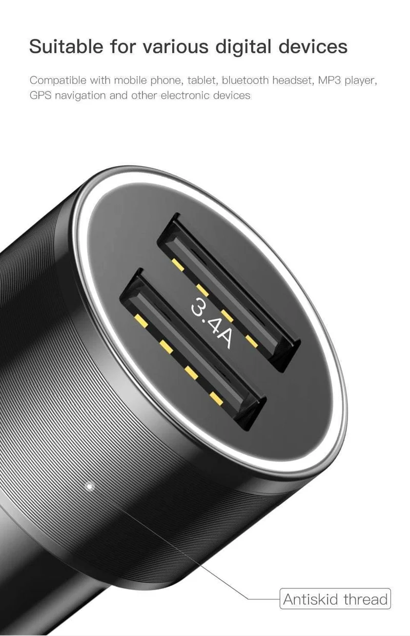 Baseus Metall-Autoladegerät-Adapter für Mobiltelefone, 3.4 A, Dual-USB-Autotelefonladegerät für iPhone, Samsung und Micro-USB/Typ-C-Kabel
