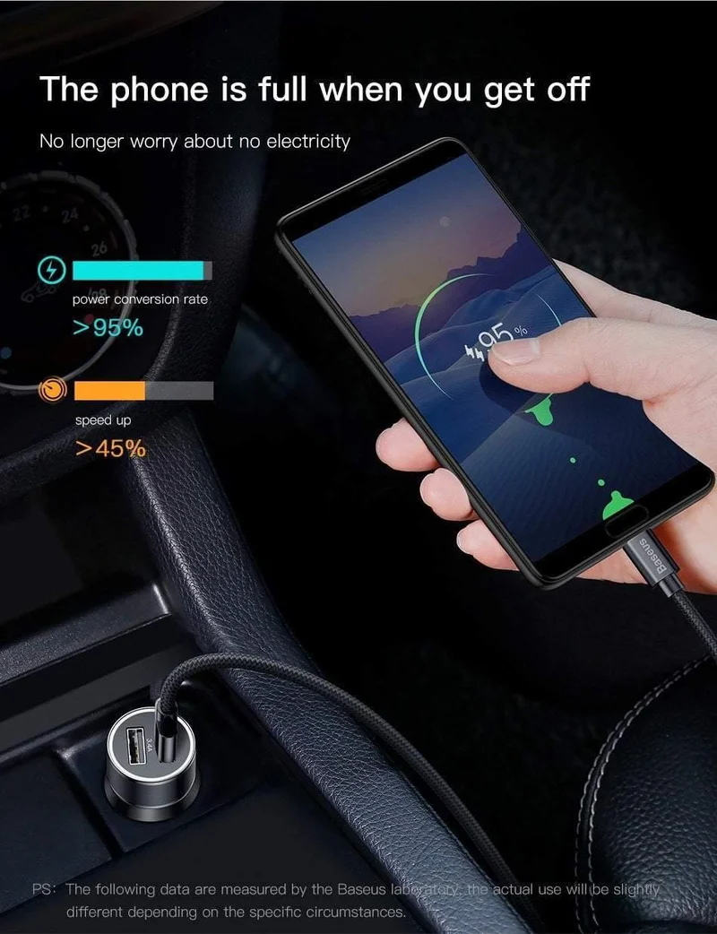 Baseus Metall-Autoladegerät-Adapter für Mobiltelefone, 3.4 A, Dual-USB-Autotelefonladegerät für iPhone, Samsung und Micro-USB/Typ-C-Kabel