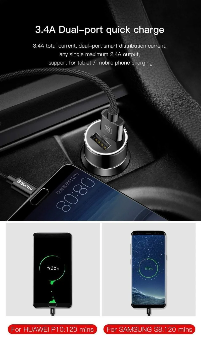 Baseus Metall-Autoladegerät-Adapter für Mobiltelefone, 3.4 A, Dual-USB-Autotelefonladegerät für iPhone, Samsung und Micro-USB/Typ-C-Kabel