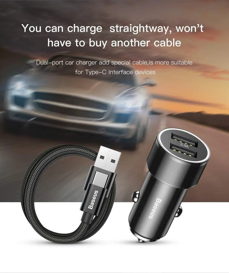 Baseus Metall-Autoladegerät-Adapter für Mobiltelefone, 3.4 A, Dual-USB-Autotelefonladegerät für iPhone, Samsung und Micro-USB/Typ-C-Kabel