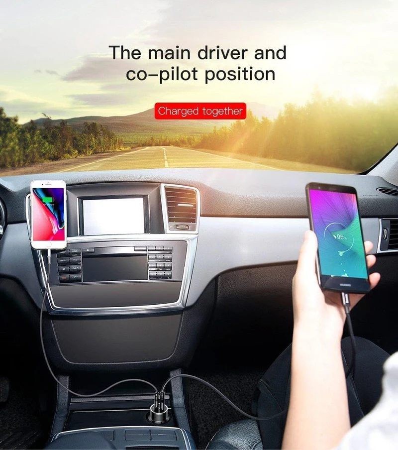 Baseus Metall-Autoladegerät-Adapter für Mobiltelefone, 3.4 A, Dual-USB-Autotelefonladegerät für iPhone, Samsung und Micro-USB/Typ-C-Kabel