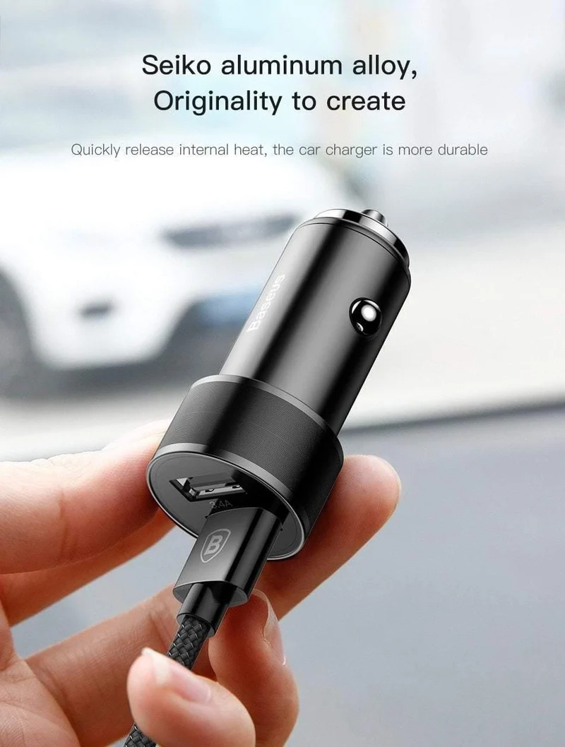 Baseus Metall-Autoladegerät-Adapter für Mobiltelefone, 3.4 A, Dual-USB-Autotelefonladegerät für iPhone, Samsung und Micro-USB/Typ-C-Kabel