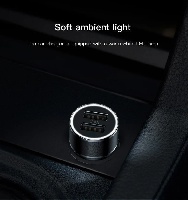 Baseus Metall-Autoladegerät-Adapter für Mobiltelefone, 3.4 A, Dual-USB-Autotelefonladegerät für iPhone, Samsung und Micro-USB/Typ-C-Kabel